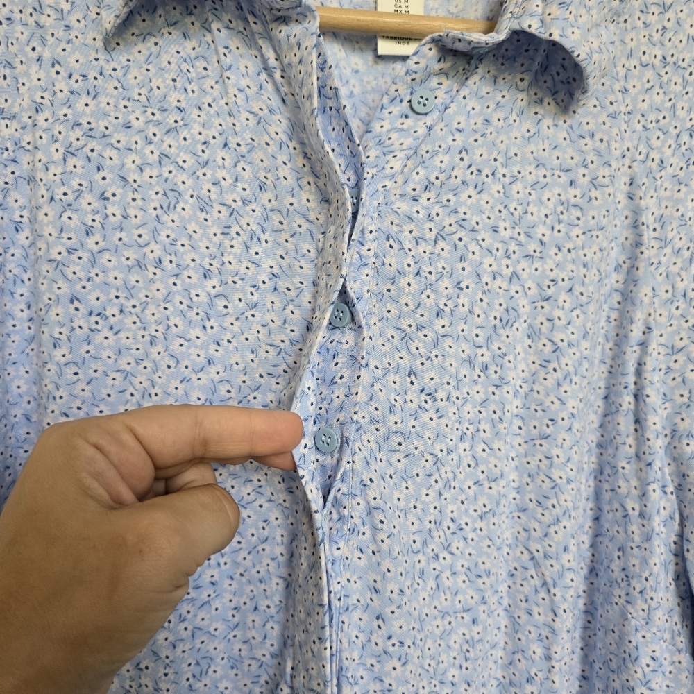 H&M Blue Floral Midi Dress Viscose Collared Long Sleeve Shirt Dress M - Picture 11 of 17